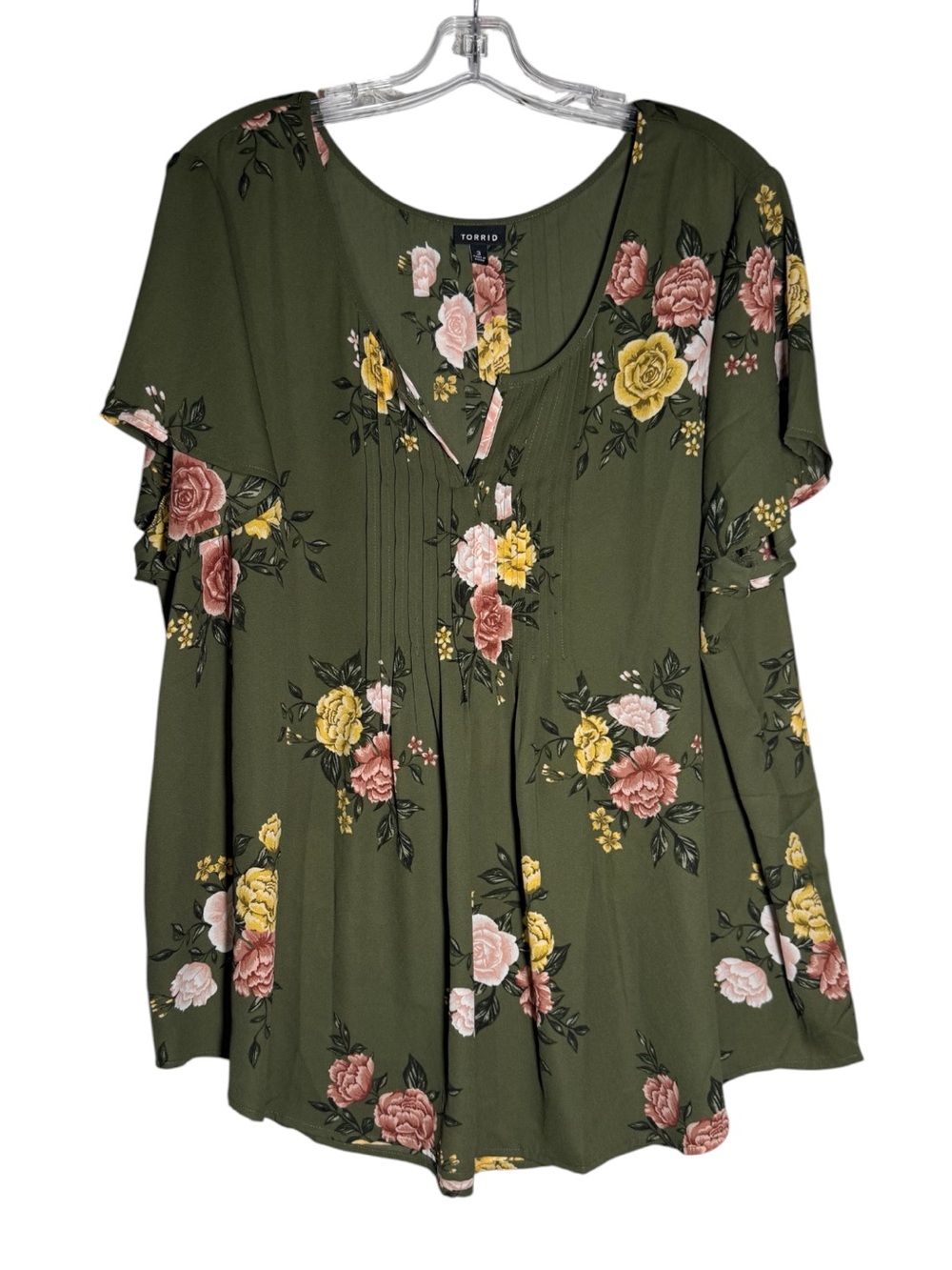 Torrid Floral Blouse V Neck Green Flutter Sleeves Size 3X Boho Peasant